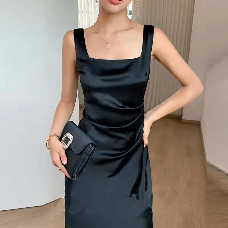 Summer Women Drape Long Sleeveless Acetate Dress Design Office Lady Spring A-line Suspender Dress