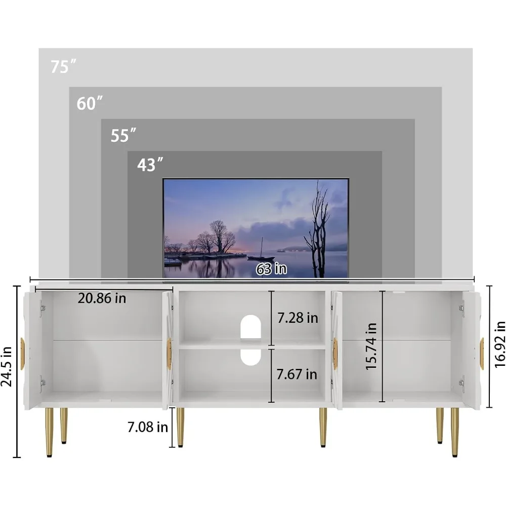 حامل تلفزيون أبيض حديث مقاس 63 بوصة من منتصف القرن لأجهزة التلفاز مقاس 65-75 بوصة مع خزائن تخزين وأبواب منقوشة