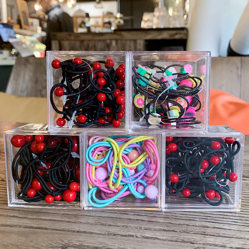 20 or 30pcs Red Bead Black Elastic Hair Bands Cute Acrylic Fruit Round Rubber Ring Ties Accessories for Girls Hair Ornaments