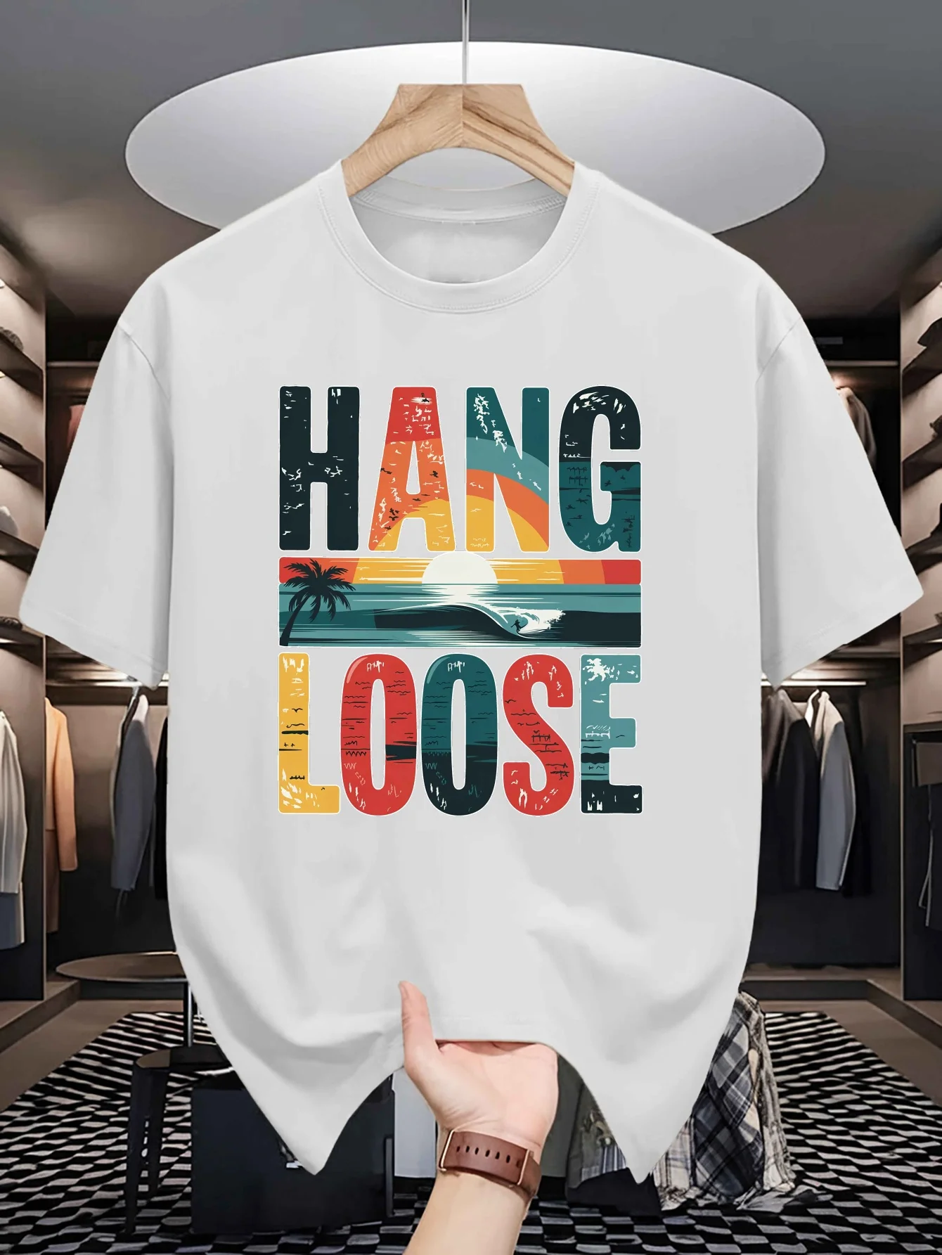 Hang Loose Beach Surf Print Mens Crew Neck T Shirt Retro Sunset Letter Graphic Short Sleeve Casual Cotton Trendy Street Tees