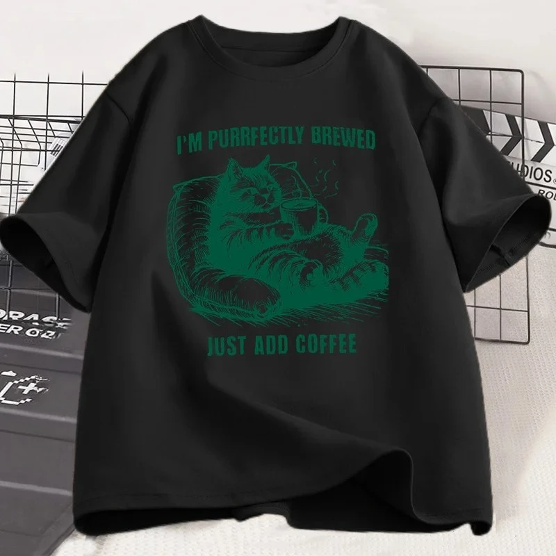 T-shirt grafica retrò divertente gatto caffè T-shirt per amanti dei gatti T-shirt da donna retrò a maniche corte con collo casual T-shirt estetica estiva streetwear