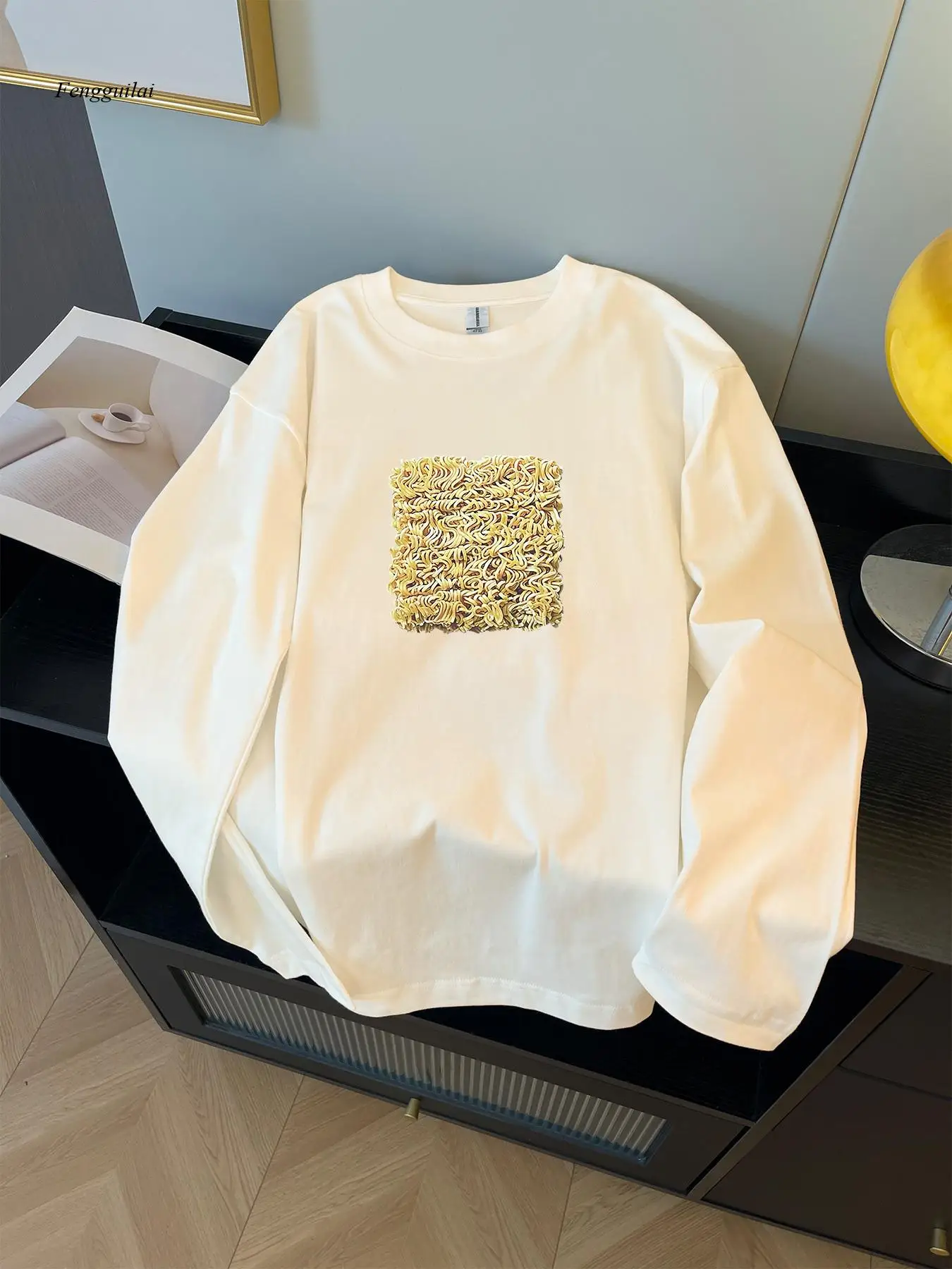 

Тяжелая футболка с длинным рукавом — белая повседневная рубашка с элегантным квадратным узором, мягкий повседневный топ на осень/зиму сезона