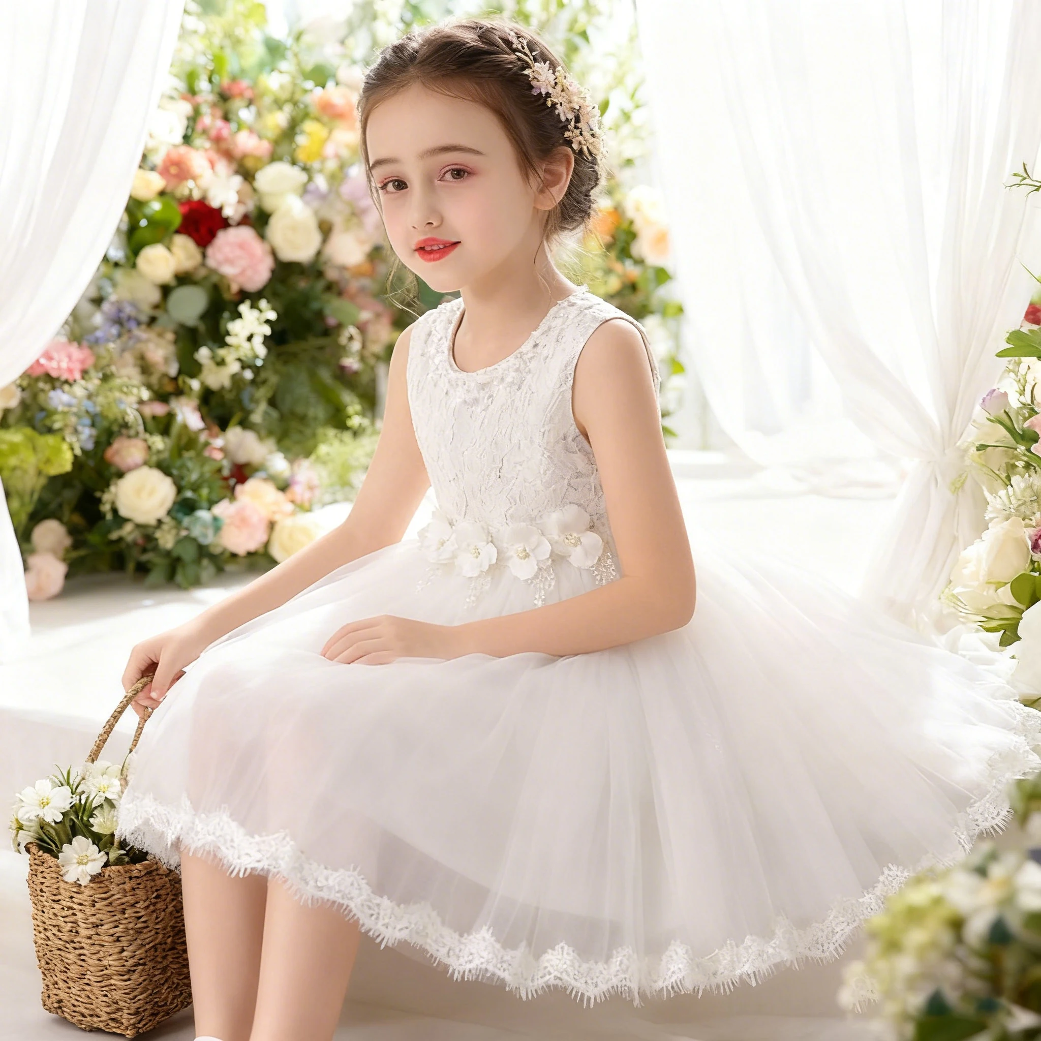 

Teens Girl's Wedding Dress Toddler Kids Princess Dress Lace Tulle Birthday Party Tutu Dress Children Pageant Clothing for 2-10 Y