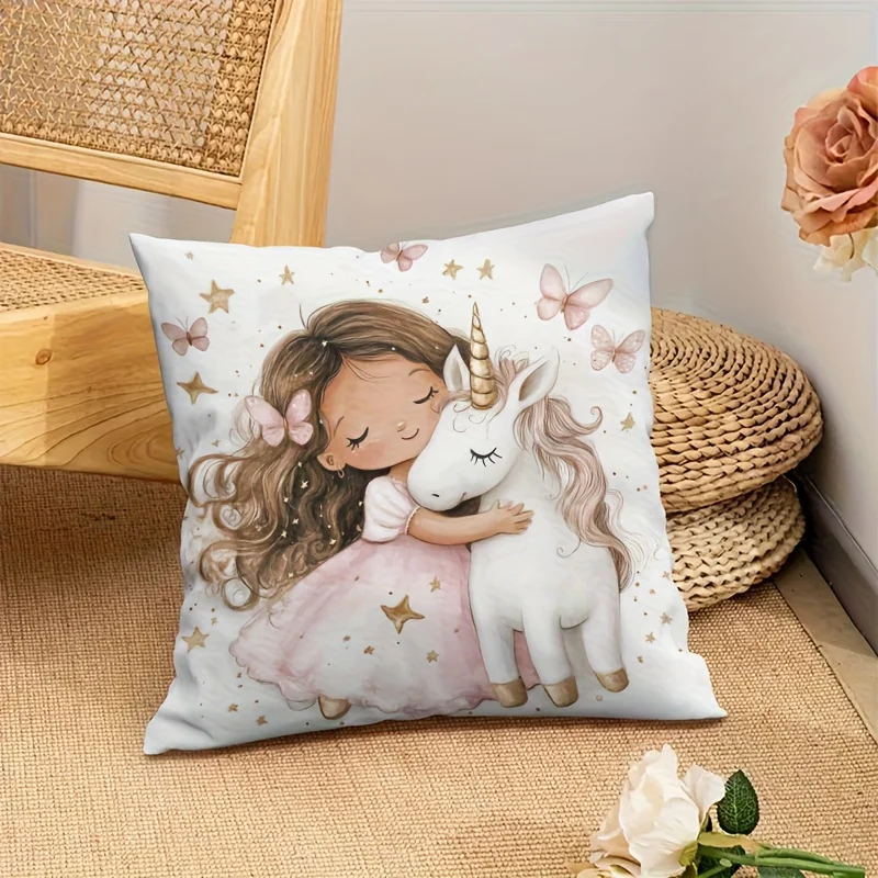 1pc Girl Hugging Unicorn Themed Printed Throw Pillow Cover, Suitable for Sofa,Bedroom,Living Room,a Dreamy Gift for Little Girls