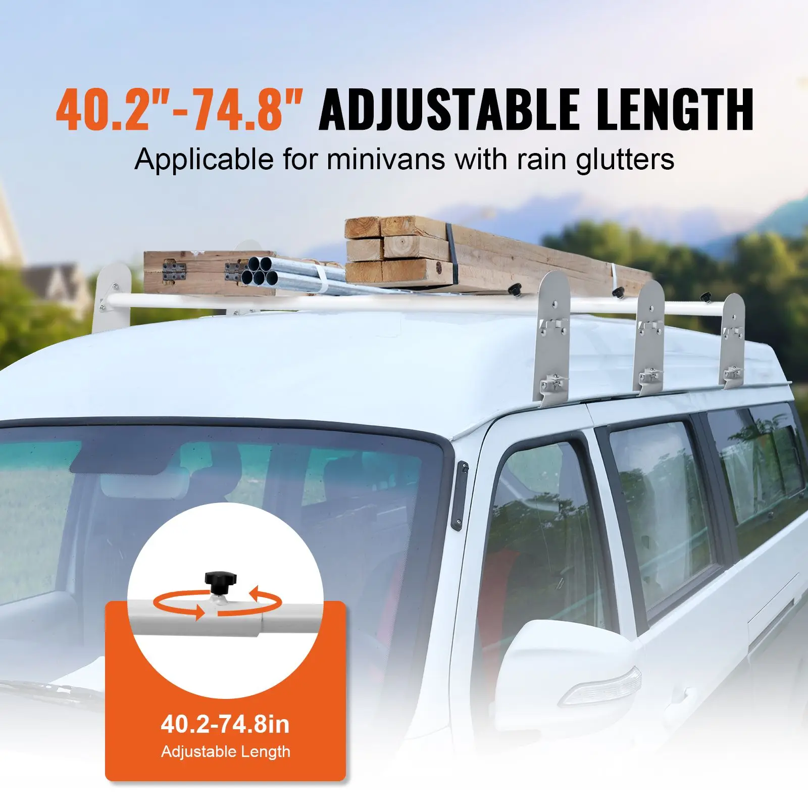 Van Roof Ladder Rack, 3 Bars Alloy Steel Roof Racks, 750 LBS Capacity Rain-Gutter Roof Rack, Adjustable Length 40.2