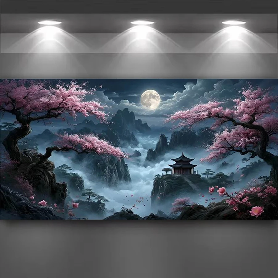 

Moon Mountain Pink Trees Landscape Picture Large Size Diy Diamond Painting New Collection Scenery Full Mosaic Embroidery Kits