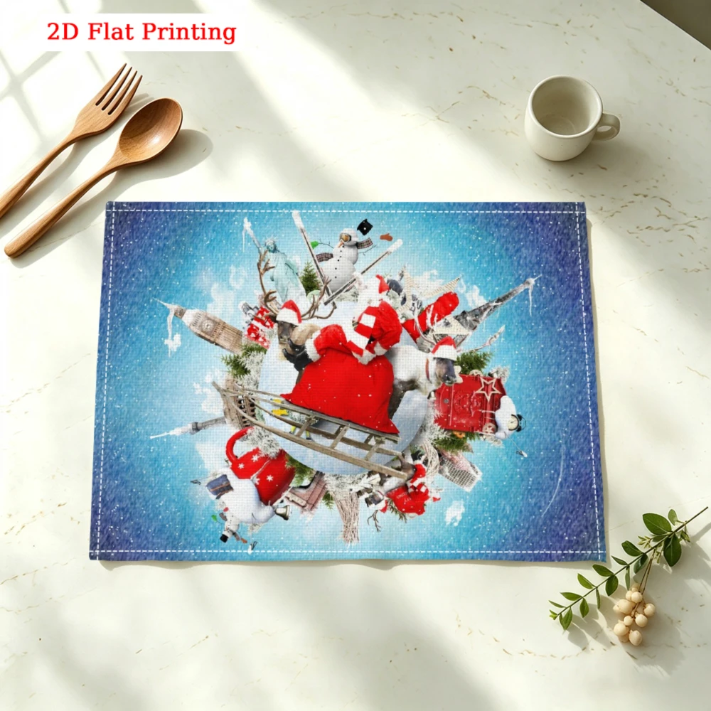 1Pc Christmas Santa Claus Sleigh Placemat Blue Snowflake Print Table Mat Kitchen Dining Decor Non Slip Heat Resistant 30X40Cm
