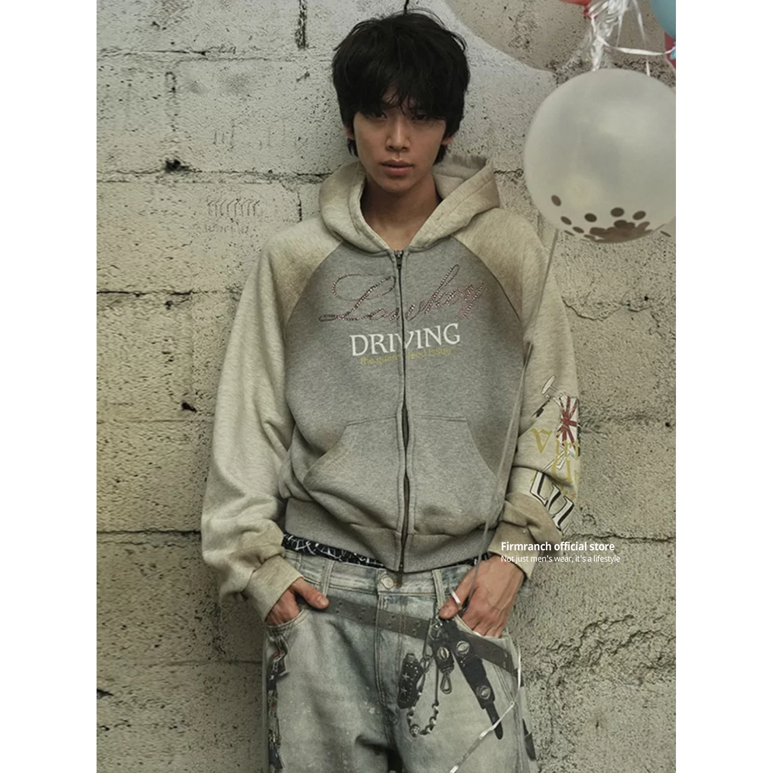 Firmranch Korean Fashion American Vintage Spliced, Acid Mud Wash, Rhinestone Slogan Print Zip-Up Hoodie For Men Women Sweatshirt