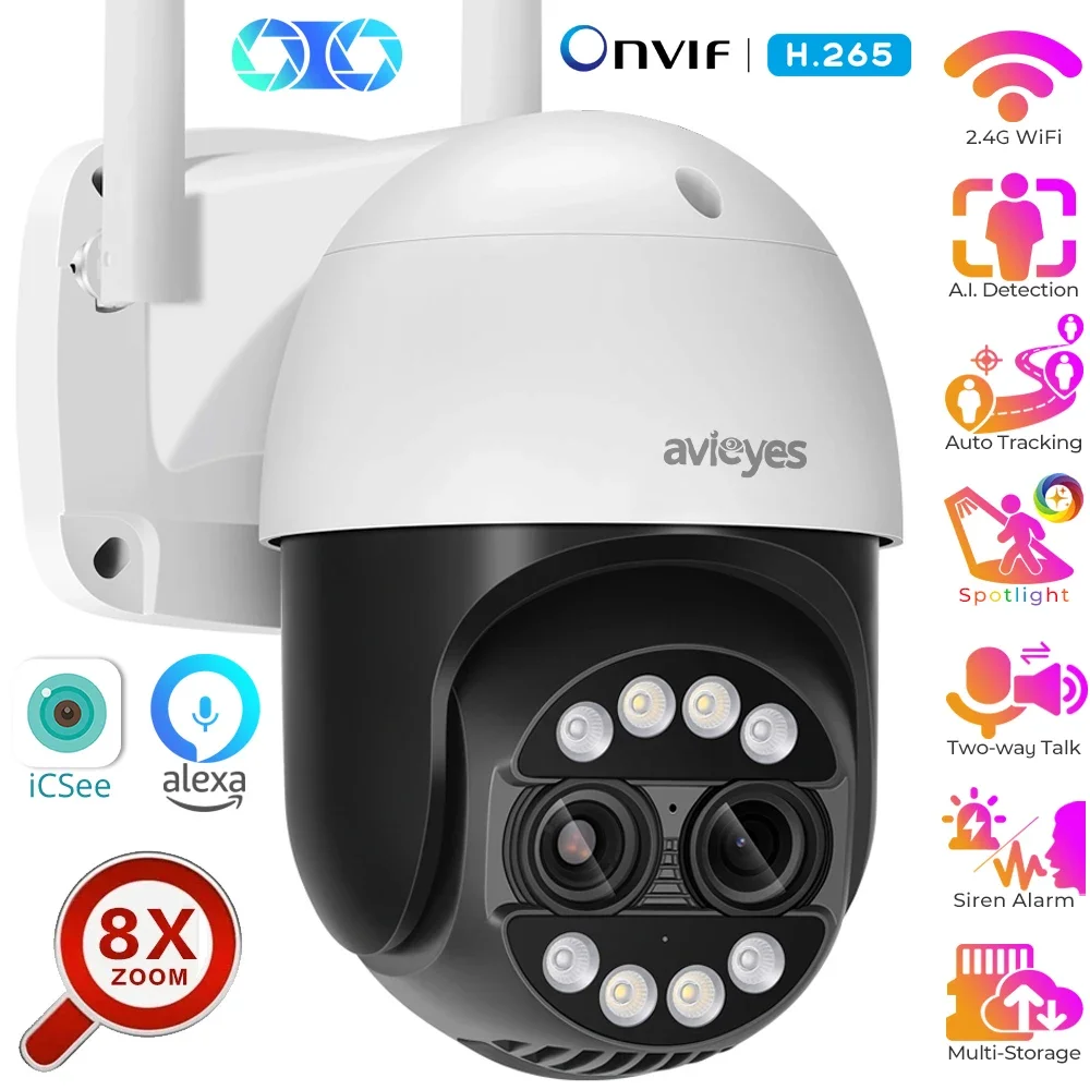 8MP Dual-lens WiFi PTZ IP Camera 8X Hybrid Zoom Outdoor Humanoid Tracking CCTV Security Cameras Two-way Talk Surveillance Camera