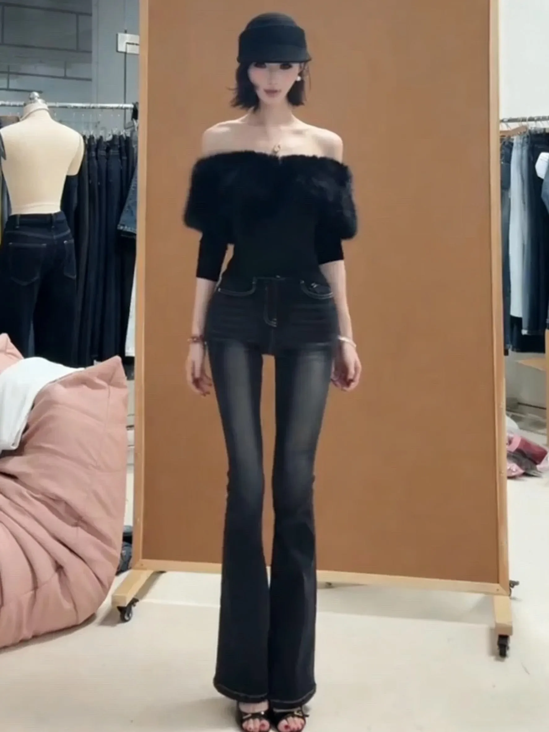 

Ретро джинсы-клеш с высокой талией, выбеленные, эластичные, женские, утягивающие, универсальные, из хлопка со стрейчем