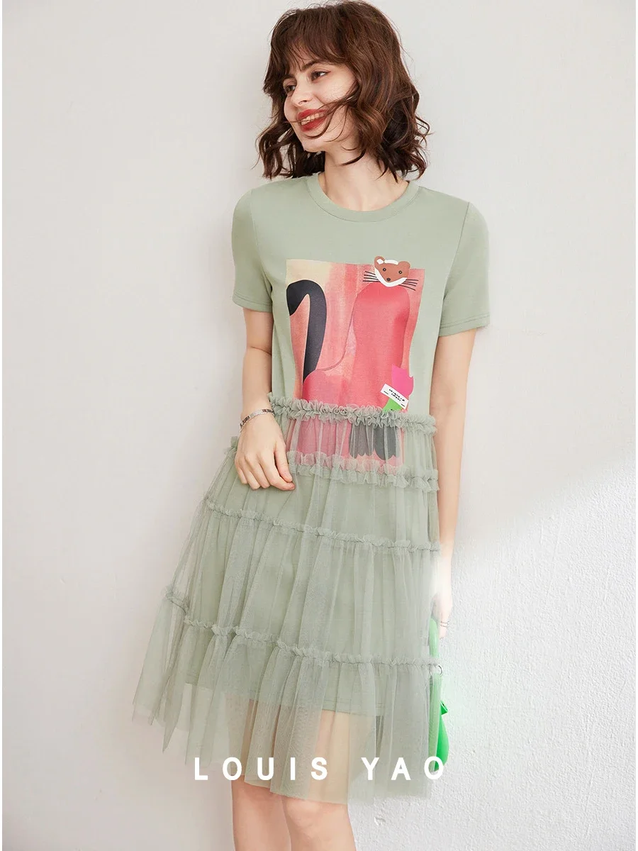 

LOUIS YAO Women Mesh Dress 2024 Summer Fashion O Neck Short Sleeve Print Casual T-shirt Dress