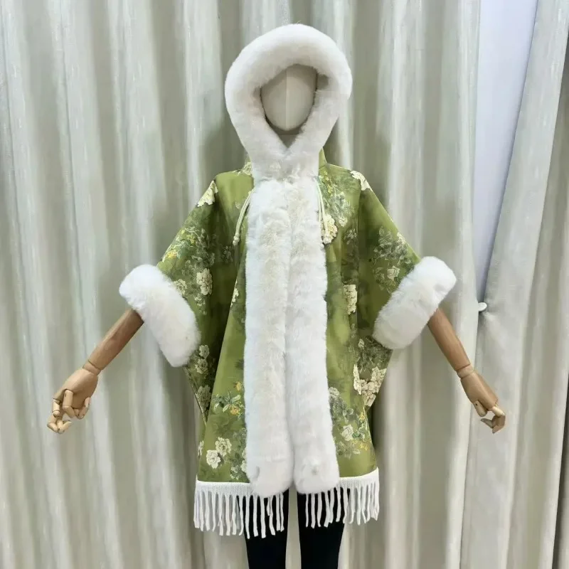 

2025 for Women Knitted Hooded Real Rabbit Fur Poncho with Tassel Female Loose Real Raccoon Fur Cape with Pocket Wrap Shawl Wh19