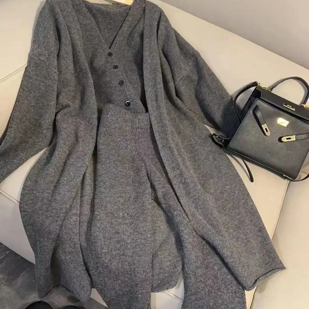 Women\'s 2 Pieces Sets Warm Knitted Spring Autumn O-Neck Jacquard Sweater and Elegant Casual Loose Pants Pullover Suits E1553