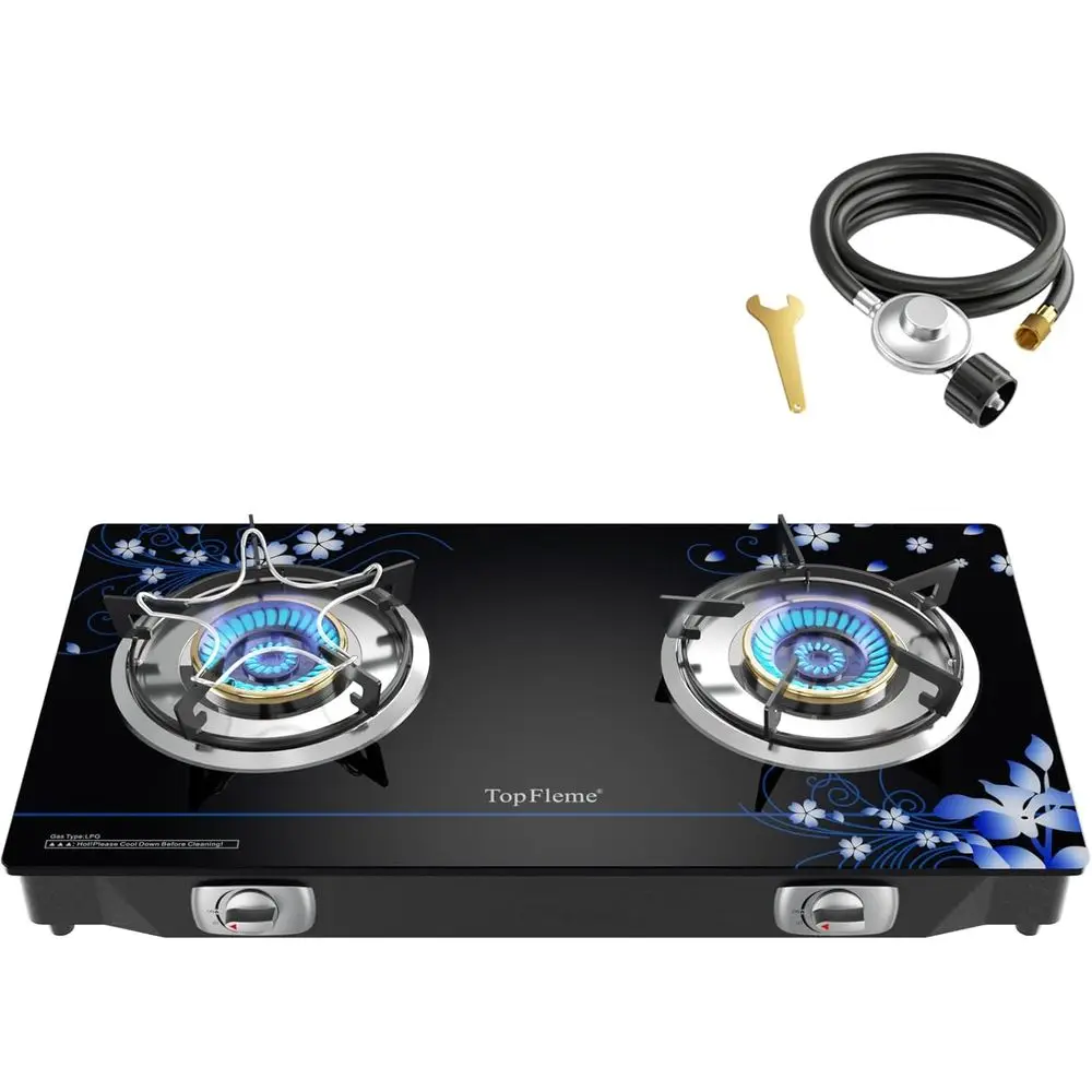 

High-Efficiency 27,200 BTU 2-Burner Propane Stove with Tempered Glass, Auto-Ignition and CSA Hose for Outdoor, RV, Camping, and