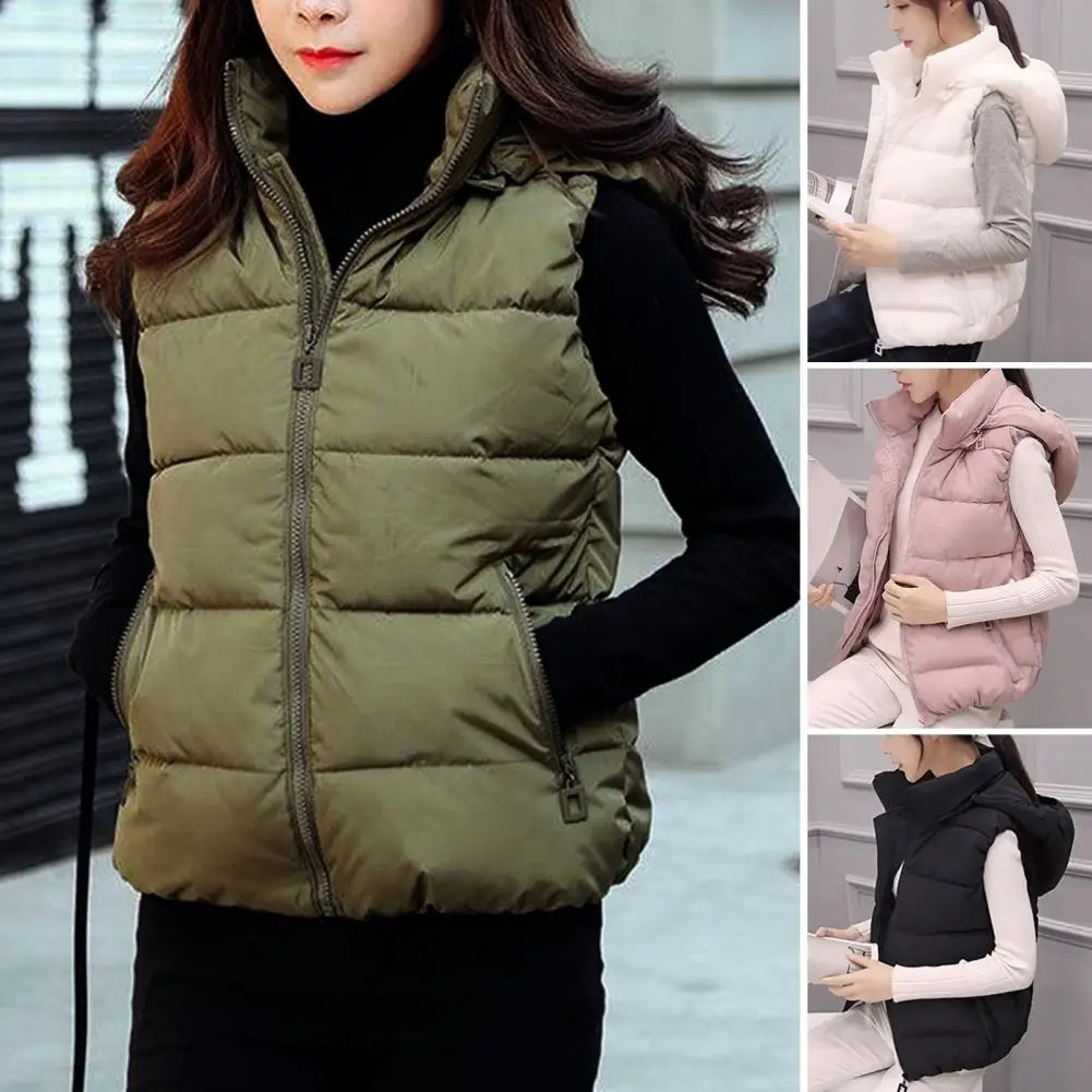 

Sleeveless Jacket Simple Winter Pure Color Hooded Cotton Padded Vest Coat Shrinkable Hem Vest Overcoat