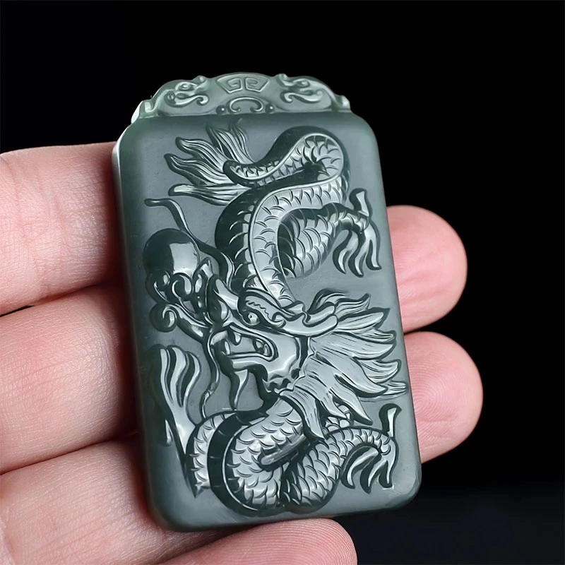 

Natural Real Jade A Hetian QINGYU Raw Handcarved Chinese Zodiac Dragon Green Pendant Chain Necklace Unique Jewelry