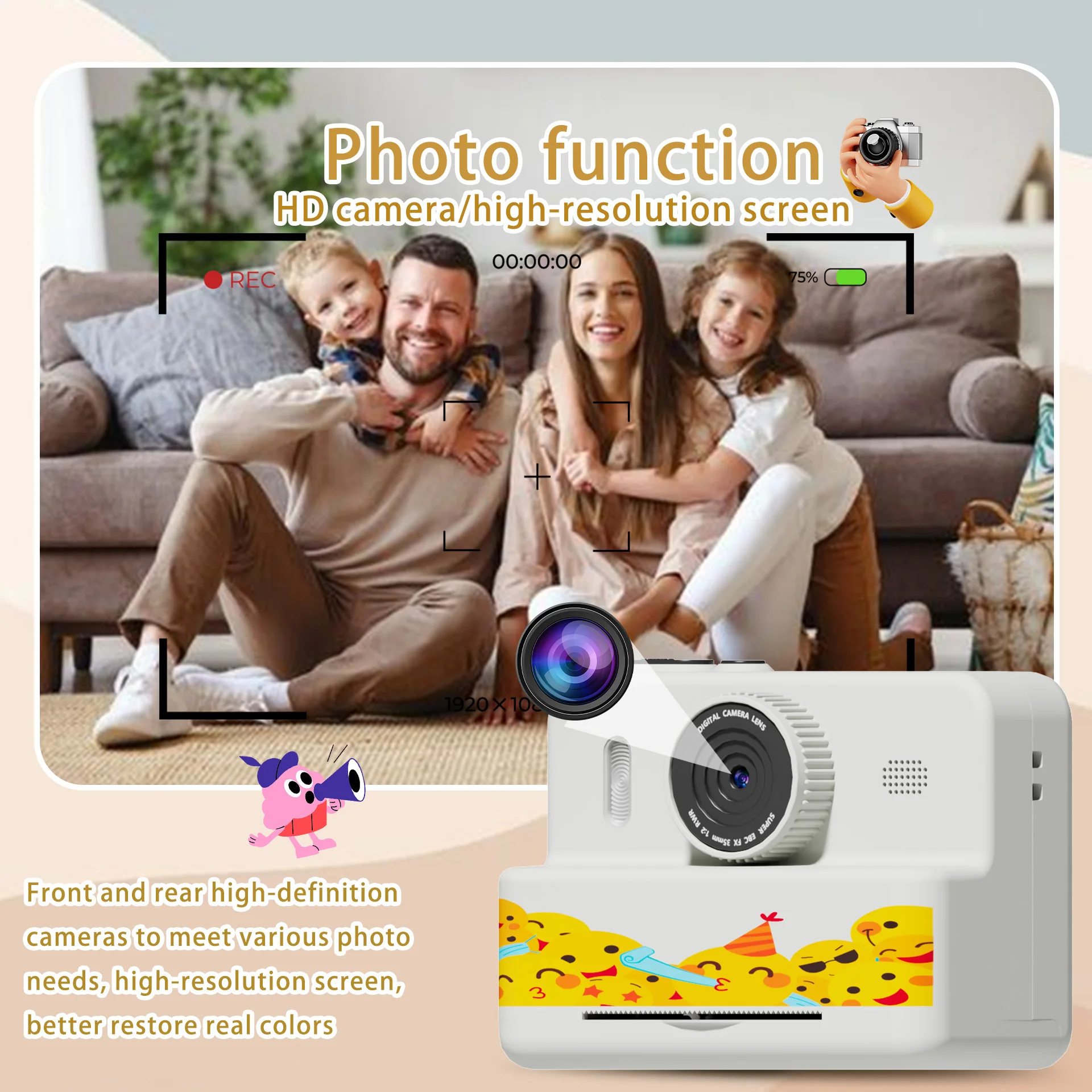 Fotocamera con stampa istantanea per bambini, giochi con foto, video, musica e puzzle, filtri | flash | doppie telecamere | Ricarica USB | regalo per ragazzi e ragazze 4+