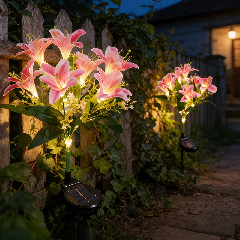 7‑Head Solar Lily Flower Stake Lights, Pink Waterproof Solar‑Powered Garden Decorative Lamp for Outdoor Patio Balcony Courtyard
