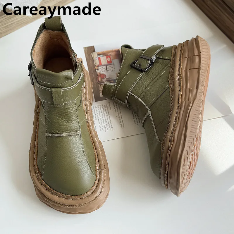 Careaymade-Genuine Leather thick sole wider toe Women's Boots handmade casual shoes comfortable warm plush women Ankle boots