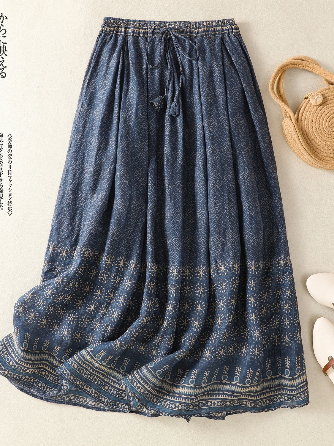 

Gentle Cotton Linen Print Split Midi Skirt Blue Victorian Retro Sle Buttoned irt Casual Comfortable a Line f Body Skirt