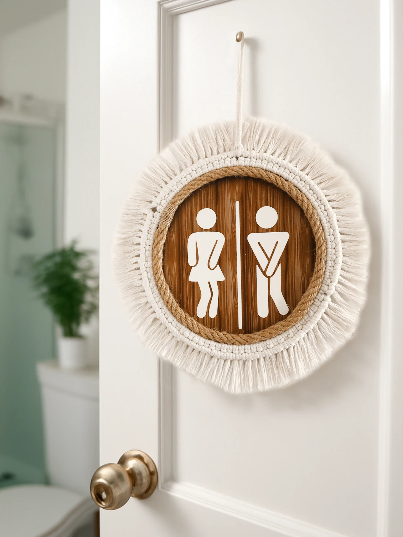 Macrame Round Toilet Sign Wall Decor, Men & Women Bathroom Symbol Plaque, Wooden Rustic Hanging Ornament for Restroom/Home Decor