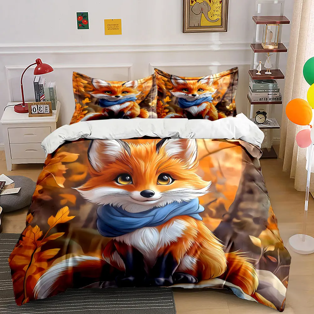 Cute fox with scarf in autumn forest Printed Duvet Cover Set1 Duvet Cover+2 PillowcaseMulti Size Bedroom Bedding Decoration