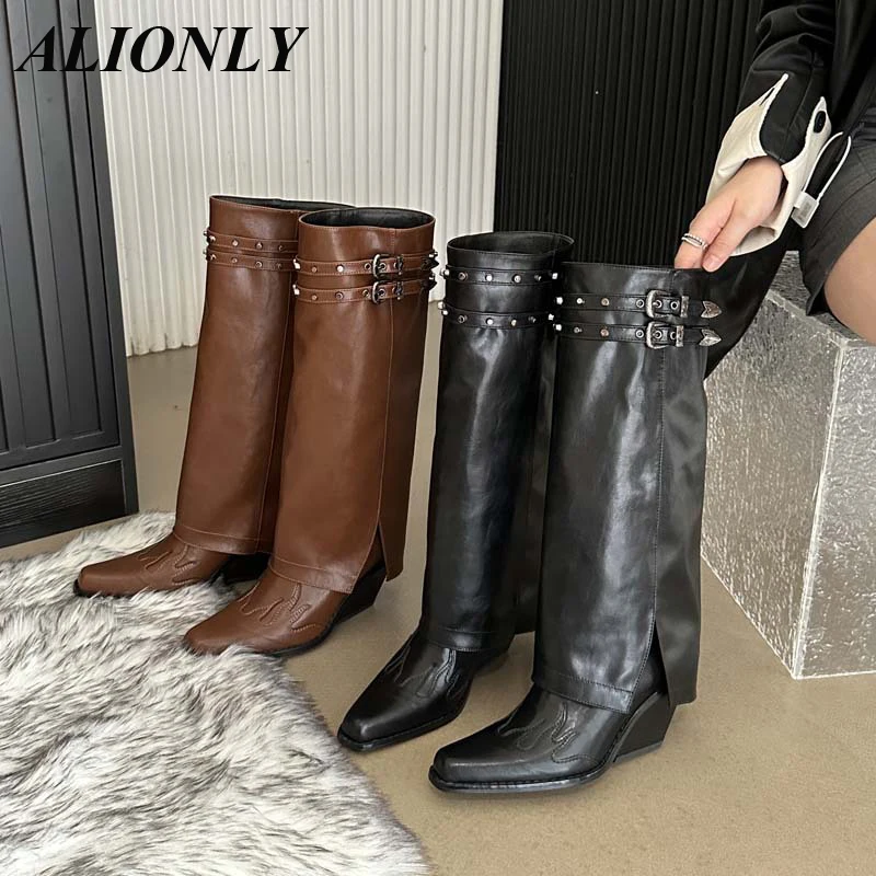 

Alionly/2026, новый дизайн, сапоги до колена с пряжкой на ремне, женские зимние пикантные туфли для зачистки на тонком каблуке с острым носком и молнией