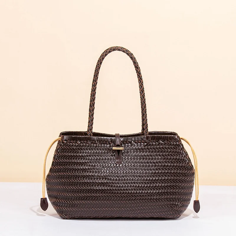 

2026 Корейский дизайн, тканая сумка ручной работы для женщин, винтажная высококачественная сумка-тоут из натуральной кожи, тканая сумка