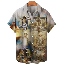 3D Print God Jesus Shirt For Men Crucified Religion Harajuku Casual Short Sleeves Oversived Top Clothes Tropical Hawaiian Shirts