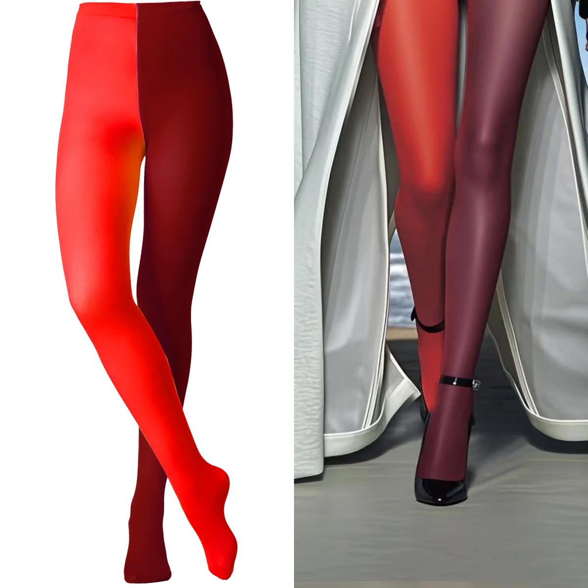 2026 Damen Zweifarbige Dopamin-Farben-Strumpfhose, Zweifarbige Strumpfhose, Asymmetrische Strumpfhose, Duo-Strumpfhose, Zweifarbige Strumpfhose für Damen, 2 Farben – Detail 12