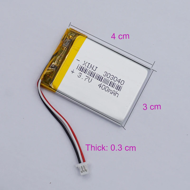 2pcs 3.7V 400mAh 1.48Wh 303040 Thermistor NTC 3 Wires JST 3Pin 1.0mm Plug Li-Polymer Rechargeable Li Battery For Car Camera DVR