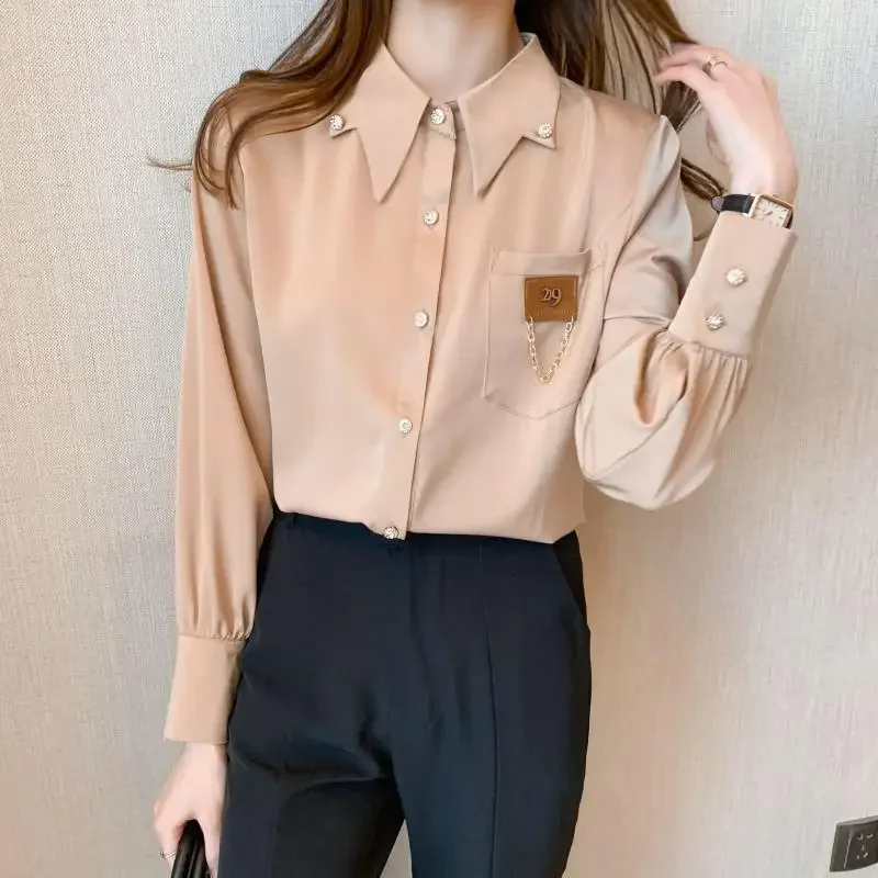 Office Lady Commute Solid Color Single-breasted Shirt Autumn Fashion Chain Spliced Turn-down Collar Blouse Women\'s Clothing