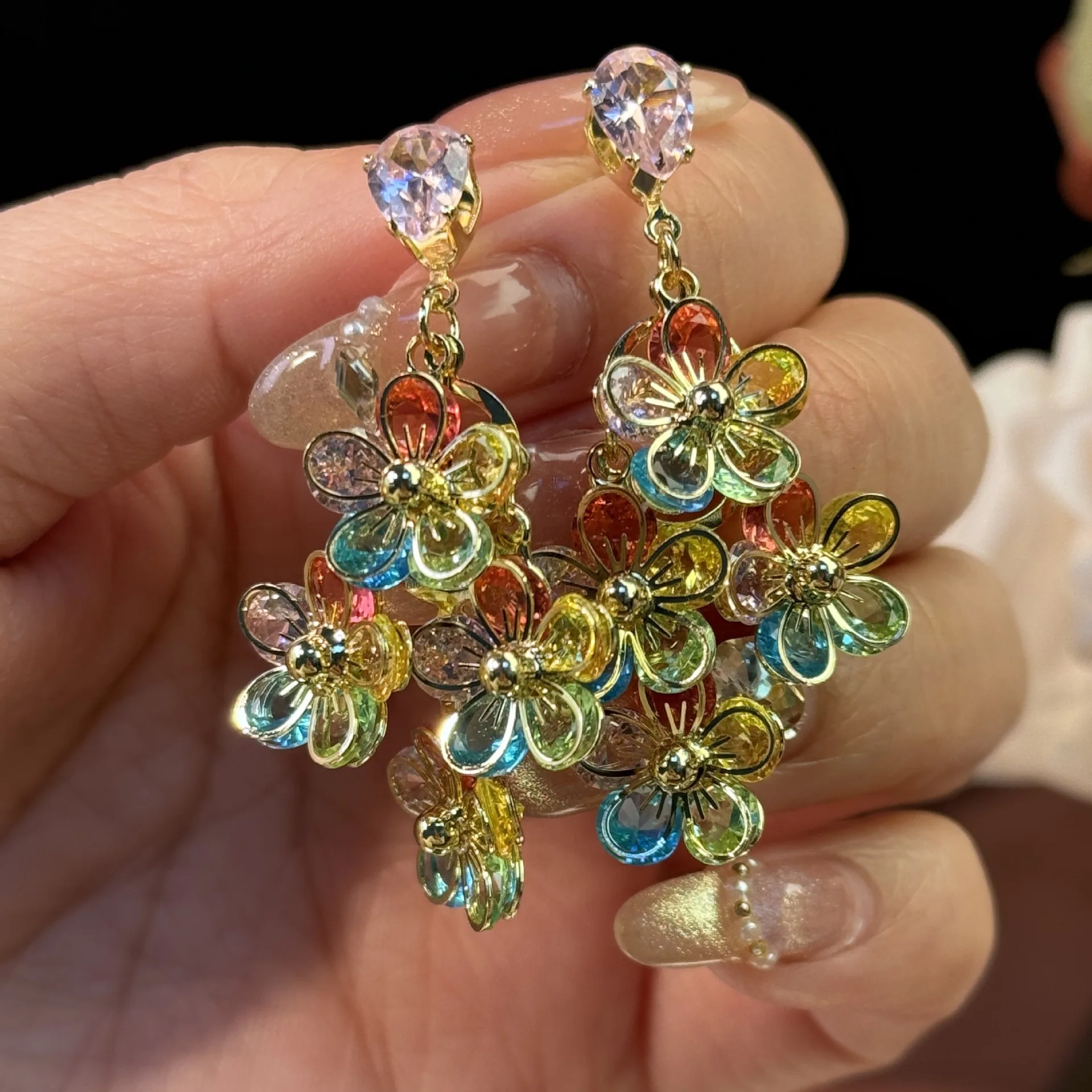Korean style super flash zircon flower long earrings temperament light luxury fashion color earrings
