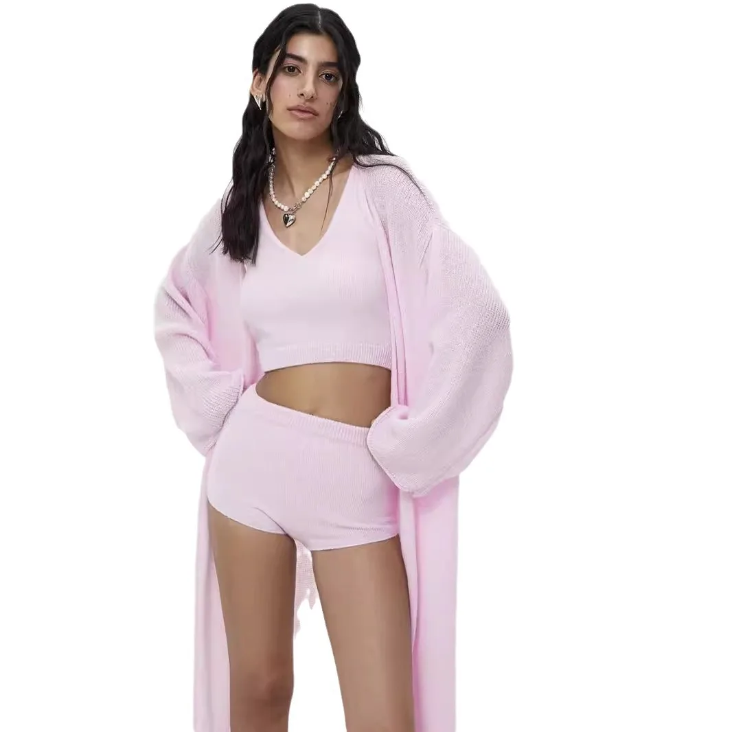 سترة متماسكة المرأة معطف طويل كم كامل الخامس الرقبة المفتوحة غرزة الصلبة البلوزات عادية الجوف خارج فضفاض أنيق الخريف محبوك