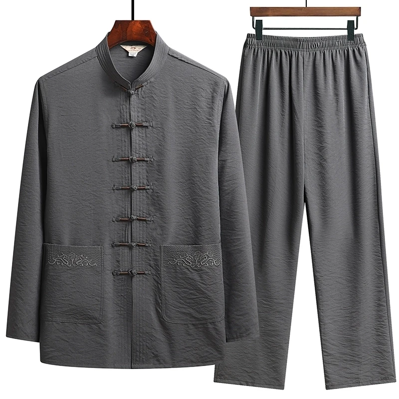 Men's Chinese Traditional Hanfu Clothing Set Kung Fu Shirt with Buckle Oriental Retro Top Pants Cotton Hemp Tai Chi Uniform