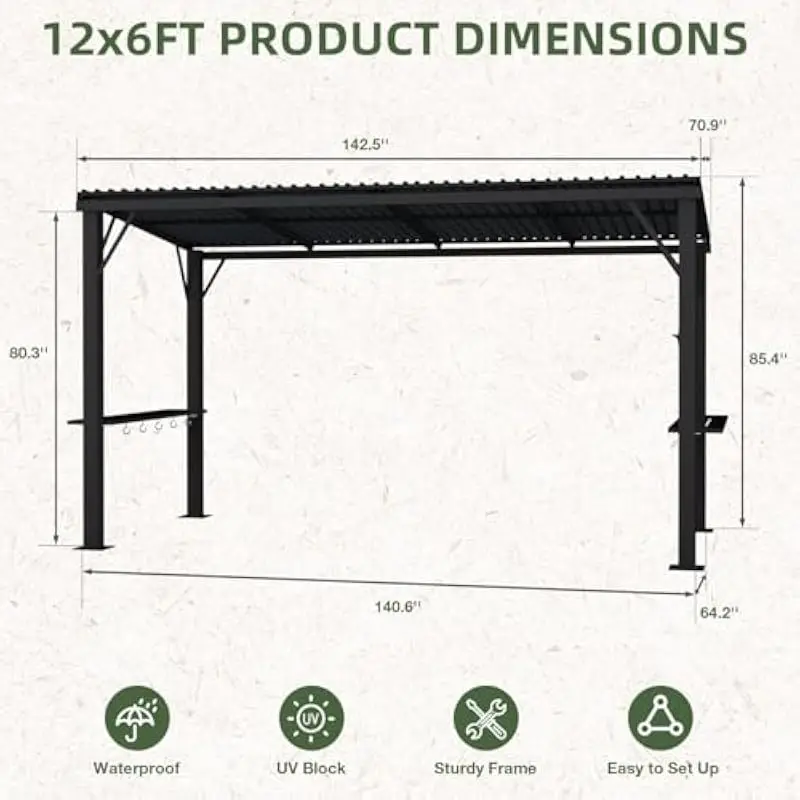6 ft x 12 ft weatherproof hardtop BBQ pergola with galvanized steel roof, triangular frame supports, dual side shelves, integrat