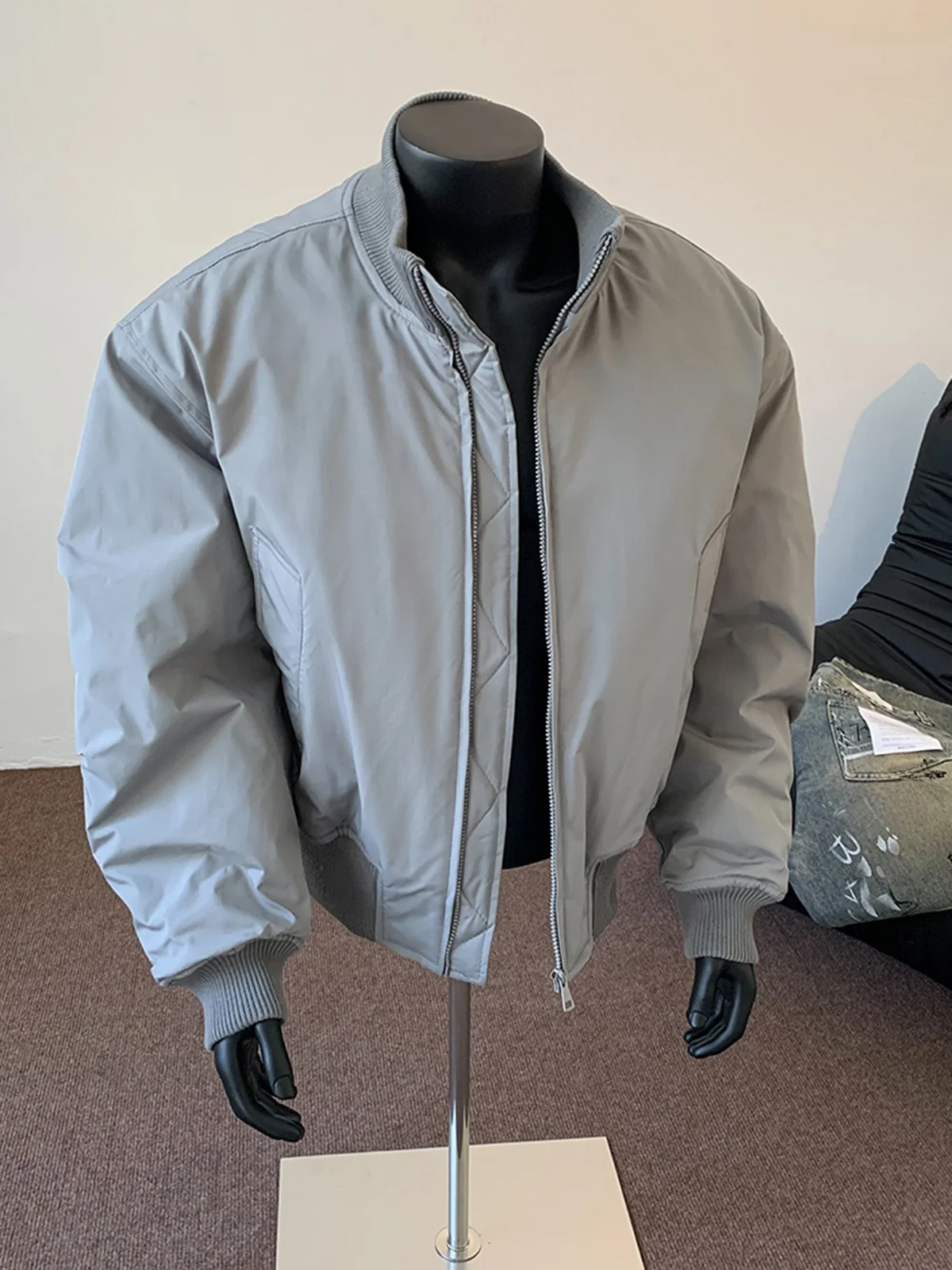 

Gray Short Boxy Jacket Cotton Clothes Men Winter American Retro Cleanfit Warmth Bomber Coat Youth Casual Thickened Long Sleeve