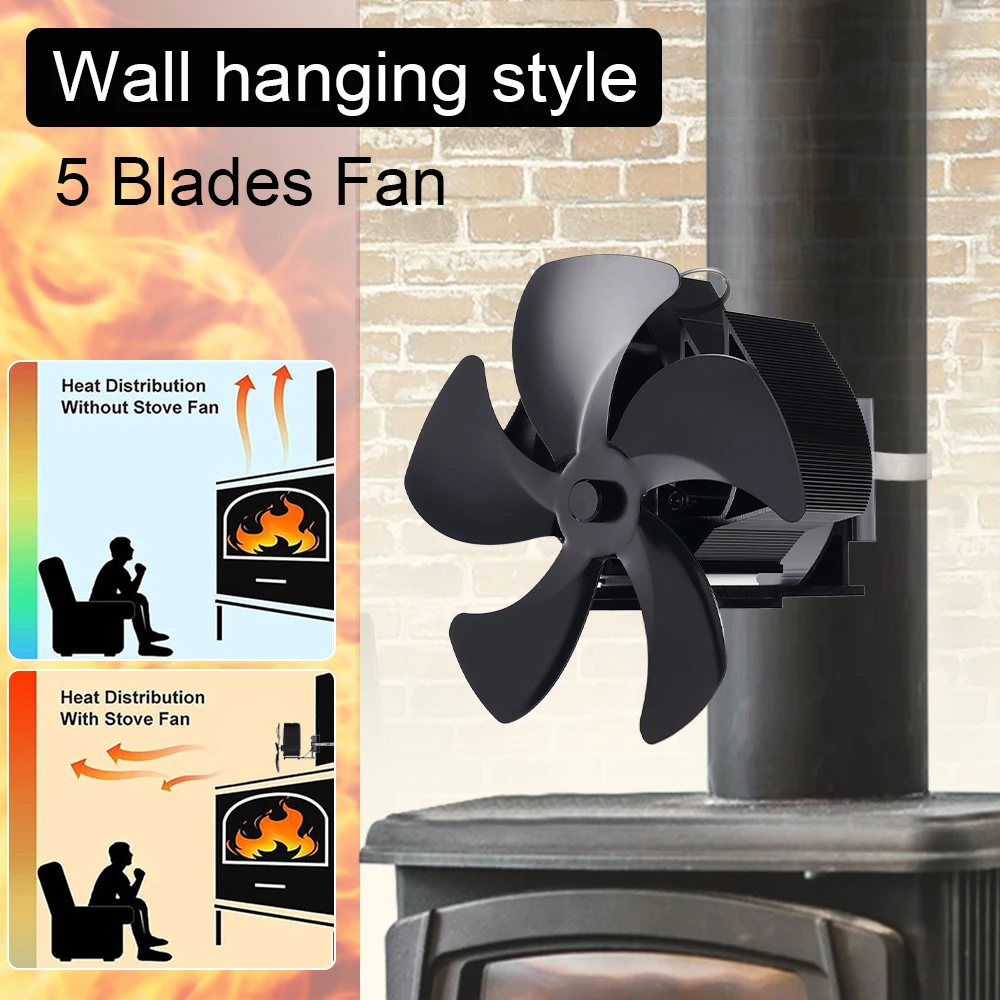 5 Blade Wall Mounted Fireplace Fans non-magnetic Heat Powered Stove Fan Heating Fireplace Fans for Wood Burning Stove