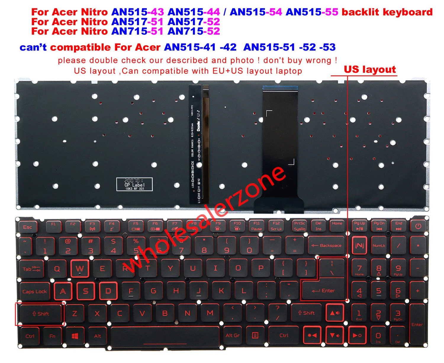US Red backlit Keyboard For Acer Nitro AN515-54 AN515-43 AN517-51 AN517-52 AN715-51 -52,N18C3 N18C4 (isn't AN515-41-42-51-52-53)