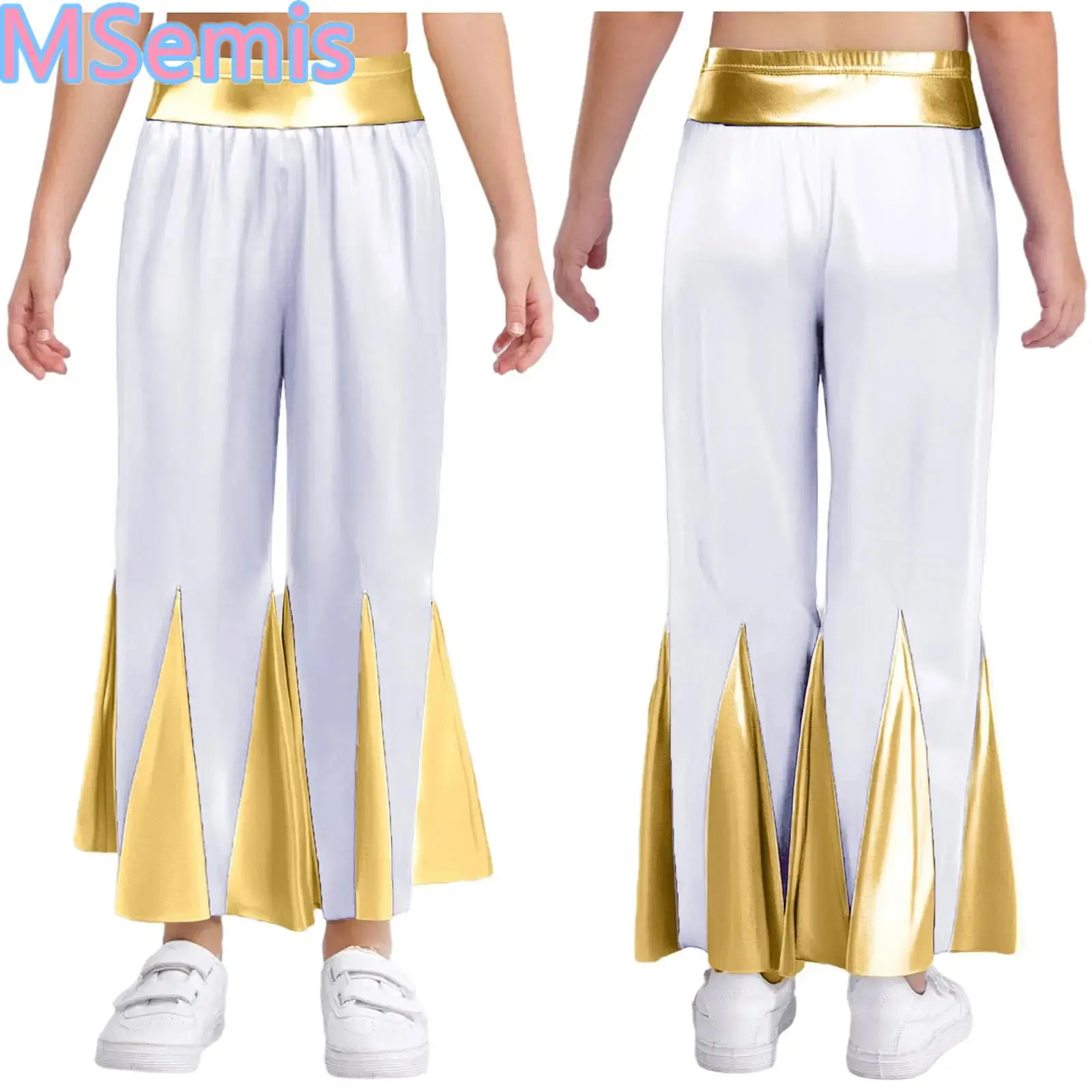 

Kids Girls Color Block Dance Pants Choir Performance Costume Metallic Liturgical Worship Bell-Bottomed Pants