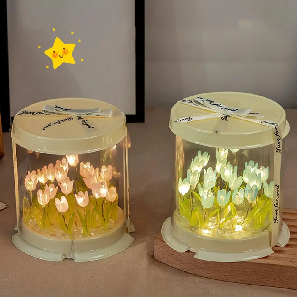 ضوء الليل توليب، مصباح مرآة LED DIY أضواء زينة المنتج النهائي زهرة اصطناعية مصباح طاولة بجانب السرير هدية إبداعية