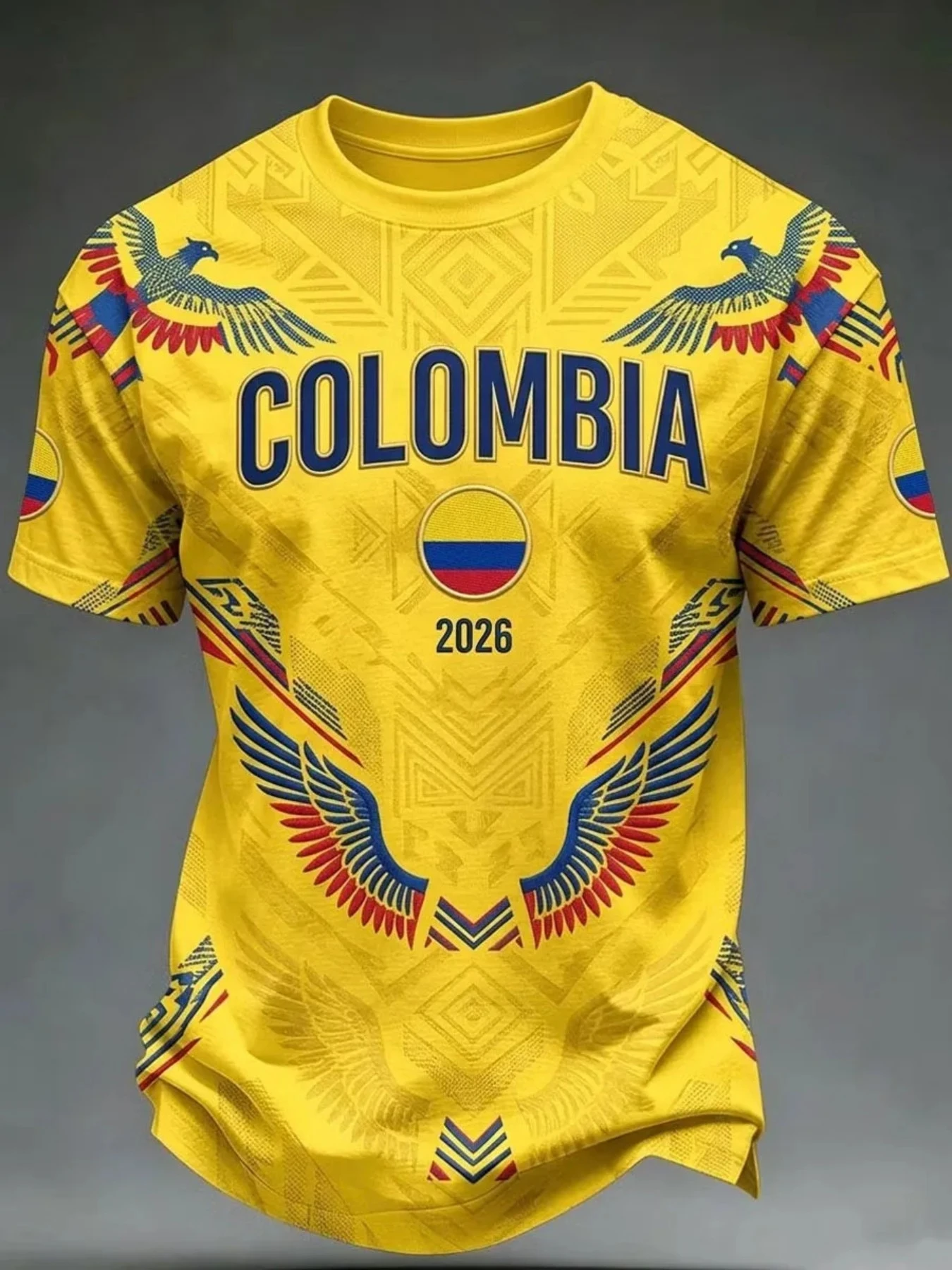 Colombia 2026 Football Fan Jersey, featuring eagle wing and tribal design prints, breathable and quick-drying sports top.