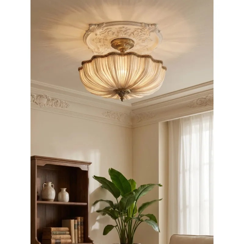 Mid Century French Vintage Solid Brass Fabric Shade Ceiling Light Bedroom Master Bedroom Home Decor LED Novelty New Energy