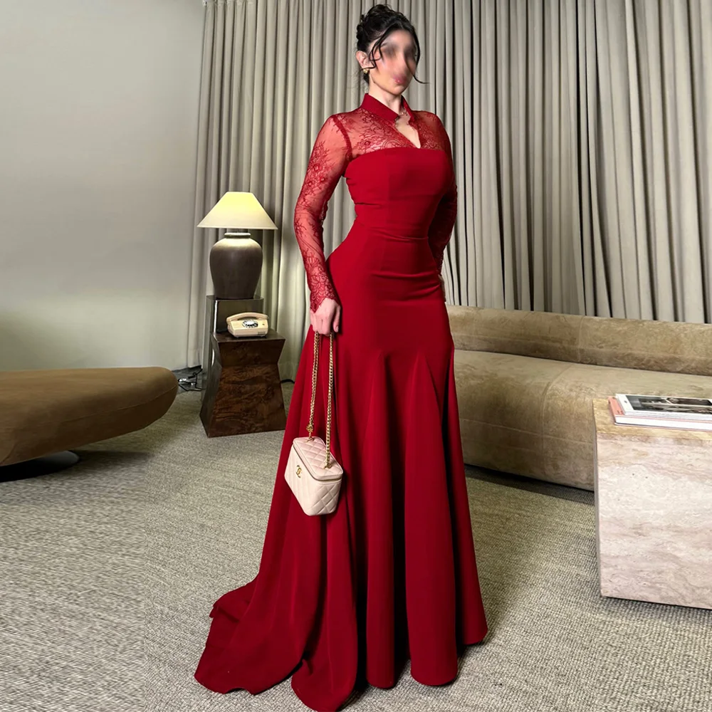 

Burgundy V-Neck Long Sleeves Evening Dress Customized High Quality Jersey Lace Celebrity Gowns A-Line Court Train Party Dress