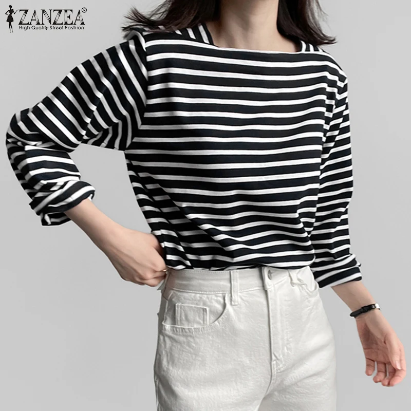 

ZANZEA Woman Casual Striped Blouses Spring Long Sleeves Square Neck T-Shirts Summer Comfort Everyday Wear Blusas de Mujer