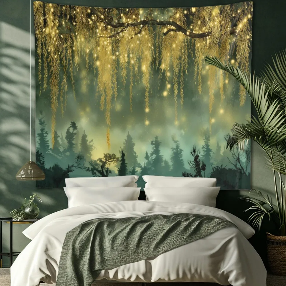 

VIKAMA Magic Willow Forest Tapestry Dreamy Firefly Hanging Cloth Living Room Atmosphere Background Cloth Room Decoration