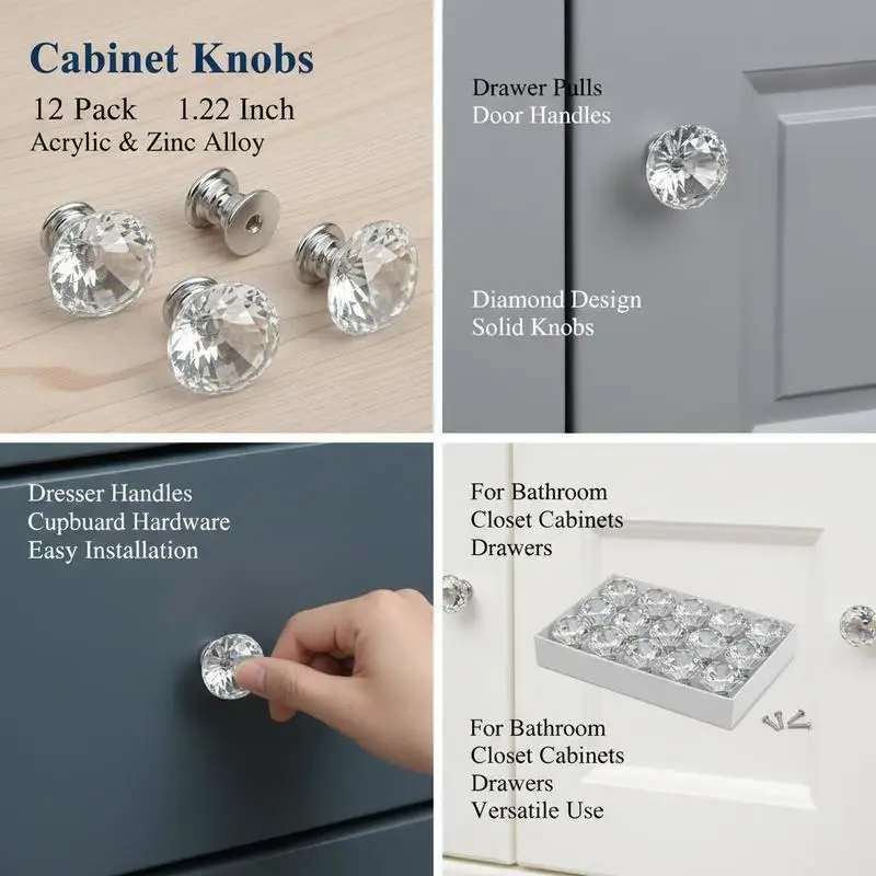 Picture 7: Furniture knobs, 12-pack, 31 mm cabinet knobs made of acrylic & zinc alloy, drawer knobs, solid diamond-shaped kitchen knobs, knobs with screws for bathrooms, cabinets, drawers