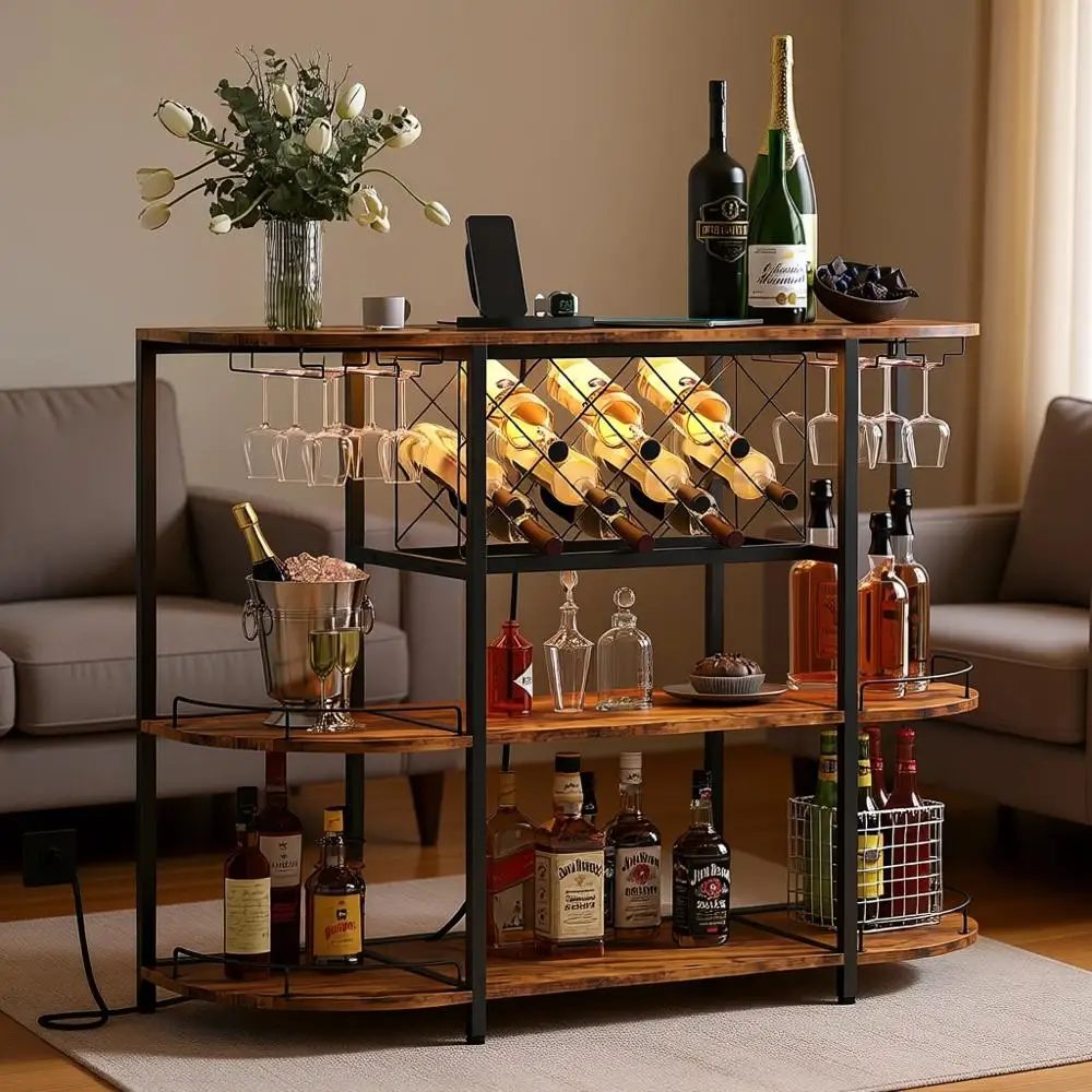 Retro Brown 3-Tier Wine Bar Cart with Power Outlet and LED Light, Storage for Home Kitchen