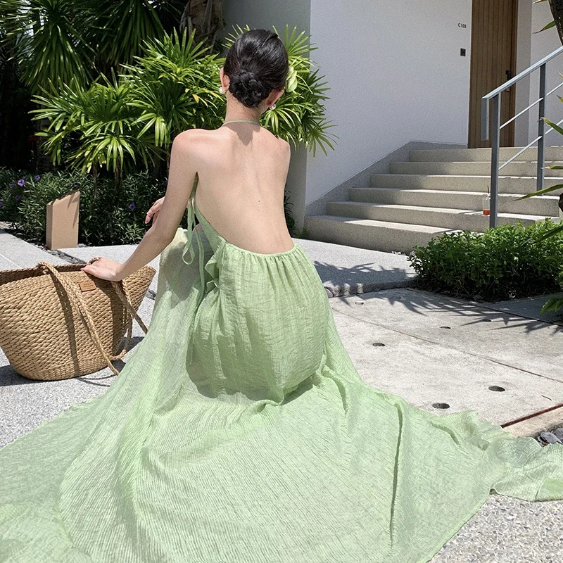 2024 New Summer Fairy Halter Prom Dress Women\'s Maxi Ruffles Green Party Dresses Backless Tender Lolita Vacation Long Dress