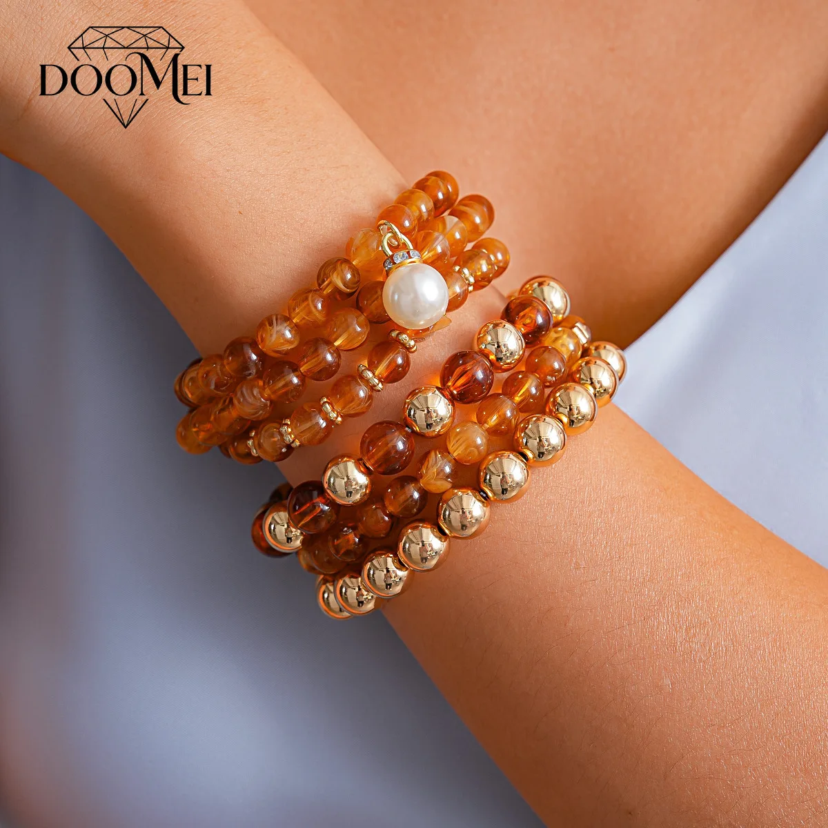 DOO MEI Bohemian Marble Acrylic Metal Spliced Stretch Bangle Bracelets ForWrist Cuff Vacation Beach Daily Fashion Accessories